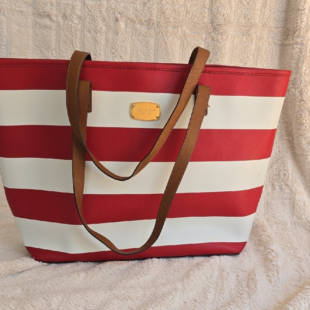 Michael Kors Red and White Striped Tote with Brown Straps